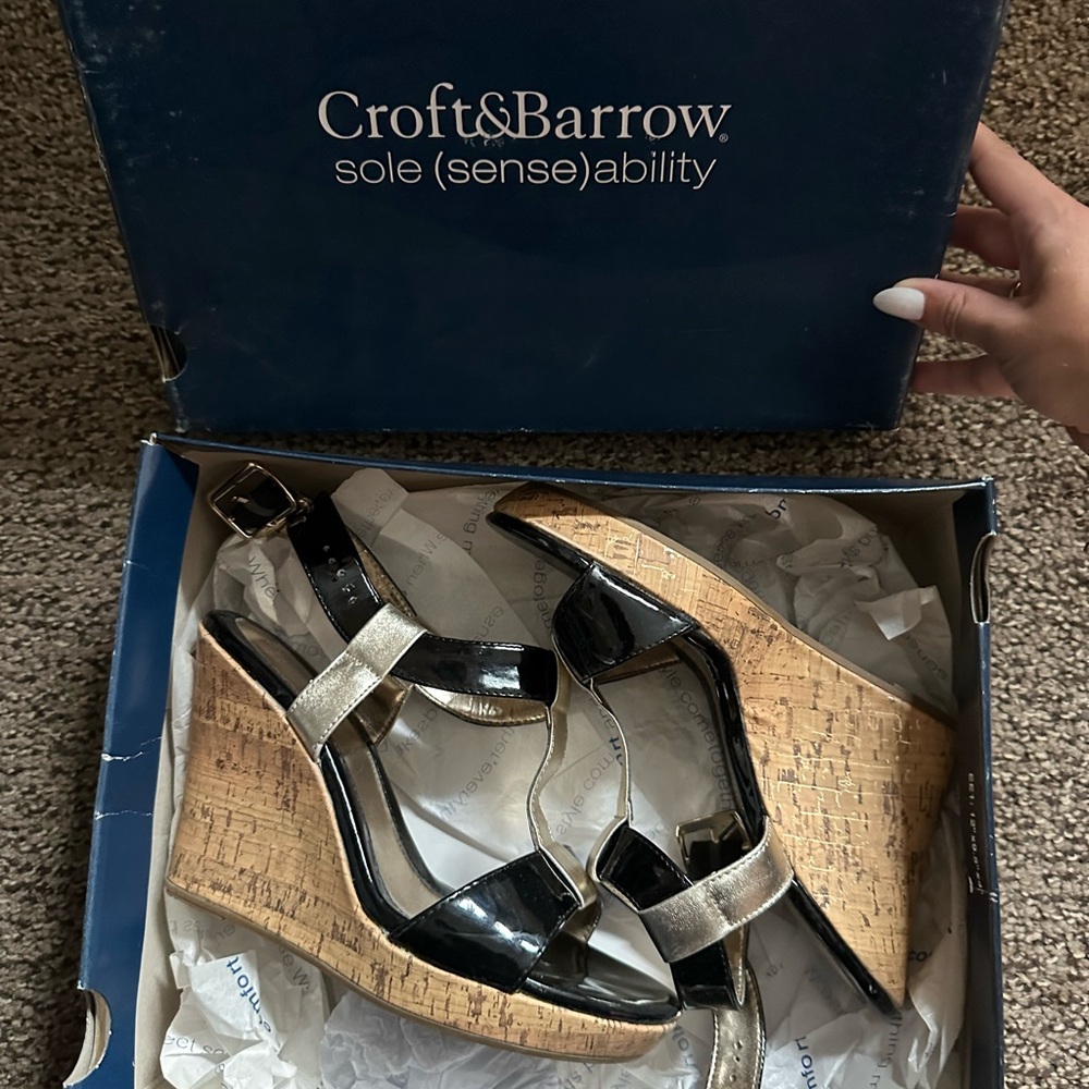 croft & barrow Black and Gold Cork Wedge Sandals
